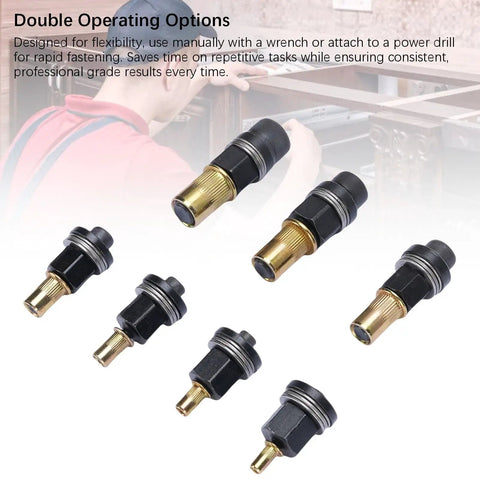 Pro Grade Rivet Nut Tool Set M3 To M12 with Seven Storage Boxes shown with drill and hand use options