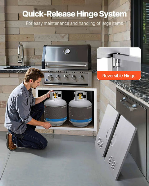 Outdoor Kitchen Access Door 30W X 21H Inches In 304 Stainless Steel Double Doors With Vents installed under grill.