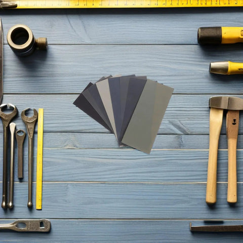 56pc Wet And Dry Sanding Kit With Multi Grit Sheets 400 To 5000 Grit Carborundum Paper For Metal And Plastic on workbench