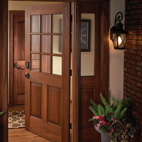 Right Hand Touchscreen Deadbolt With Built In Alarm For Keyless Entry On Main Doors Featuring Rust Resistant Aged Bronze Trim, on a wooden door.