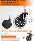 Diagram showing 3 Inch Caster Wheel Set of 5 for Office Chairs, Replacement Wheels with Aerospace Grade ABEC7 Bearings, measurements included