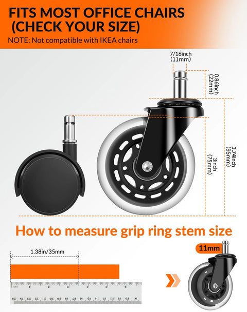 Diagram showing 3 Inch Caster Wheel Set of 5 for Office Chairs, Replacement Wheels with Aerospace Grade ABEC7 Bearings, measurements included