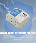 Three Outlet Surge Protector Power Strip With Voltage Protector And Brownout Guard For Home Appliances Up To 1875 Watts 120V 15A Two Pack shown against blue background with lightning effects