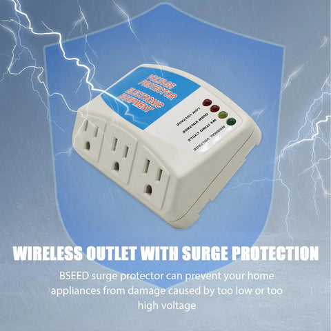 Three Outlet Surge Protector Power Strip With Voltage Protector And Brownout Guard For Home Appliances Up To 1875 Watts 120V 15A Two Pack shown against blue background with lightning effects