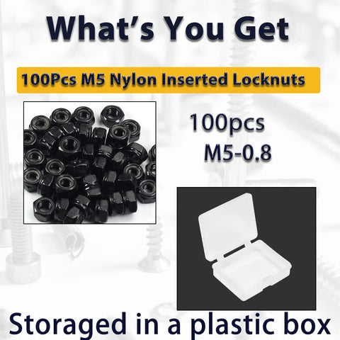 M5 X 0.8mm Nylon Inserted Hex Lock Nuts 100 Piece Bulk Kit For Cnc Shop Work Rc Builds And Diy Gearboxes Heavy Duty Steel Fasteners With Rock Steady Vibration Dampening Grip in plastic storage box.