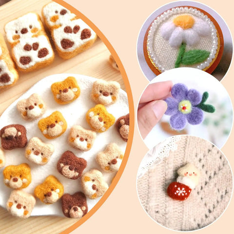 Needle Felting Kit With 127 Pcs Needles In Four Gauges 42 40 38 36, featuring crafted wool animal and floral designs for DIY projects.