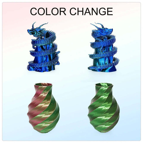 Color-changing dragon and vase models using Silk Dual Color PLA Filament Bundle, Rose and Blue, Red and Gold for high gloss 3D printing