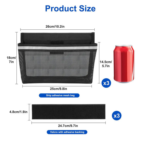 3 Pack Boat Storage Mesh Bags Self Adhesive Marine Caddy Organizer With Reflective PVC Mesh Waterproof No Drill Install dimensions