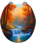 Toilet Seat Round Resin for Bathroom with colorful autumn landscape and waterfall design, suitable for various toilet models.