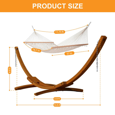 12 Ft Double Rope Hammock With 13 Ft Brown Wooden Arc Stand for Outdoor Patio and Poolside Chill Session diagram