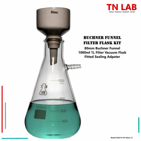 80mm Porcelain Buchner Funnel and 1L Borosilicate Glass Vacuum Flask Filtration Kit with Sealing Adapter, front view.