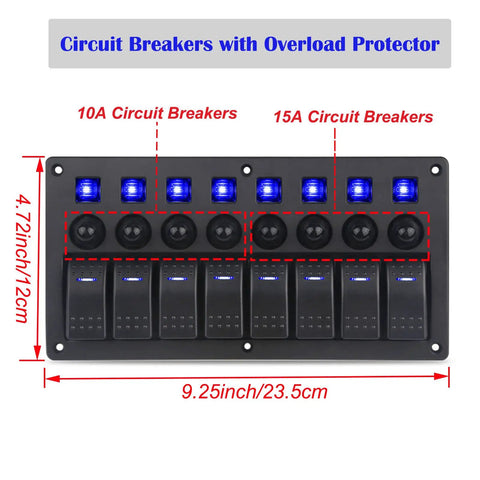 Front view of Beefy 8 Gang Boat Rocker Switch Panel Waterproof Marine Panel with LED On Off Switches and Circuit Breakers 12V 24V.