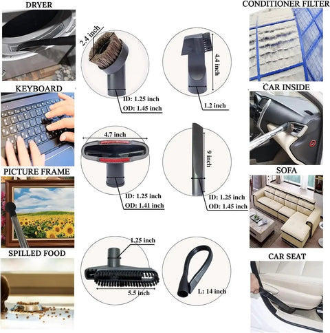 All In One Vacuum Attachments Kit with Universal Hose Adapters, Crevice Tools, Pet Hair Brush, and Upholstery Brush shown.