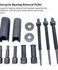 Thinking Process: motorcycle bearing removal puller kit, metal 9-23 mm bore, shafts and adapters laid out