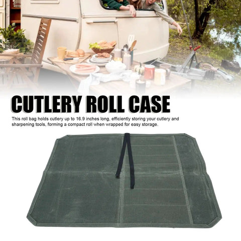 Open green Waxed Canvas Knife Roll Bag With Seven Slots for kitchen or camping.