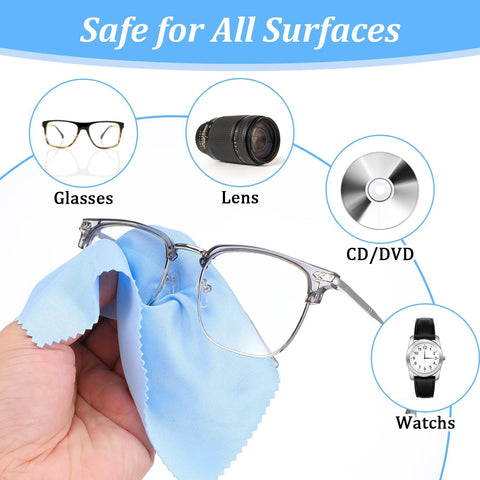 Front view of blue microfiber glasses cleaning cloth wiping metal-framed eyeglasses