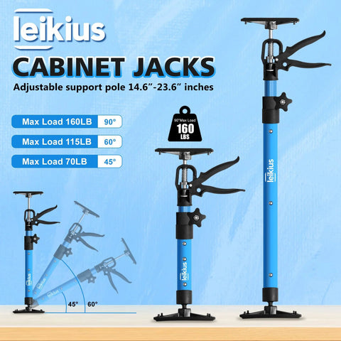 Front view of Leikius cabinet jacks, 2-pack, blue steel telescoping poles, adjustable 14.6–23.6 in, clamp handles