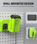 40V 5A Rapid Charger With Diagnostic LED For All 40V Battery Packs mounted on wall, showing LED display and compact design.