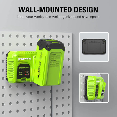 40V 5A Rapid Charger With Diagnostic LED For All 40V Battery Packs mounted on wall, showing LED display and compact design.