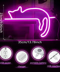 Cute Cat Neon Sign LED Light USB Powered Wall Art Decor With Pink And Blue Glow for tables showing USB features and dimensions.