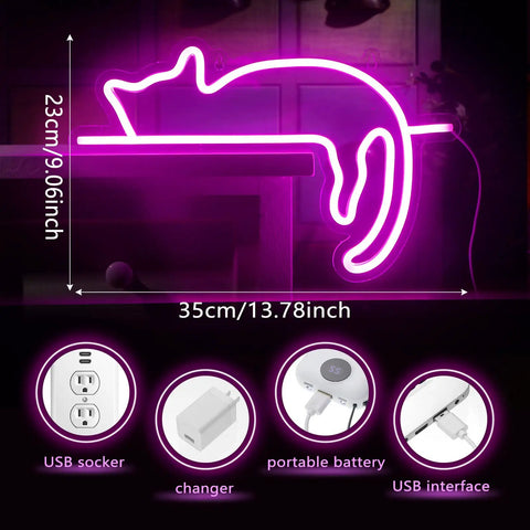 Cute Cat Neon Sign LED Light USB Powered Wall Art Decor With Pink And Blue Glow for tables showing USB features and dimensions.