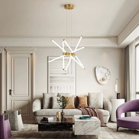 Modern Gold LED Chandelier, 10 Light Linear Art Deco Fixture For Dining Room, Living Room, And Bedroom, DIY Install, Warm White 4000K