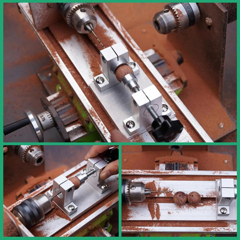 Close-up of AOXHUGB Mini Metal Lathe Machine 1200W used for precision drilling and shaping wood beads.