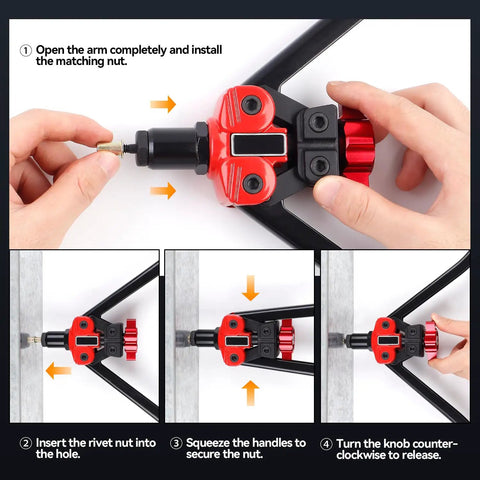 Instructional image of Three In One Rivet Nut Tool Kit With Hand Rivet Gun And Reamer Includes 6 Metric And 4 SAE Mandrels