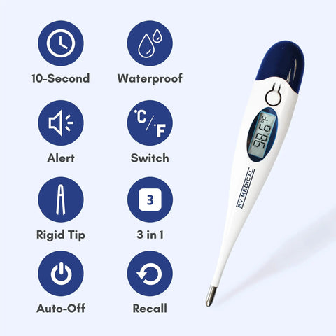 Digital Thermometer With Rigid Tip Quick 10 Second Reading For Oral Rectal And Underarm Use Beep At Peak No Fuss Memory Display