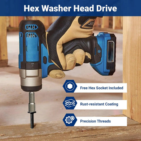Heavy Duty Kickass 50 Pack 4 Inch Lag Screws Structural Wood Fasteners Hex Washer Head Black Rust Resistant Coating in use with drill.