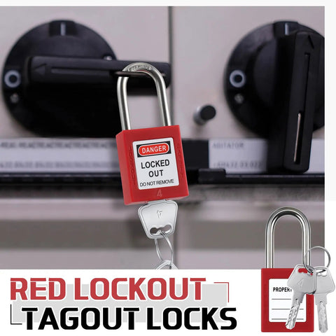 Front view of 50 Piece Lockout Tagout Padlock Kit With Differently Keyed Safety Locks installed on an electrical panel.