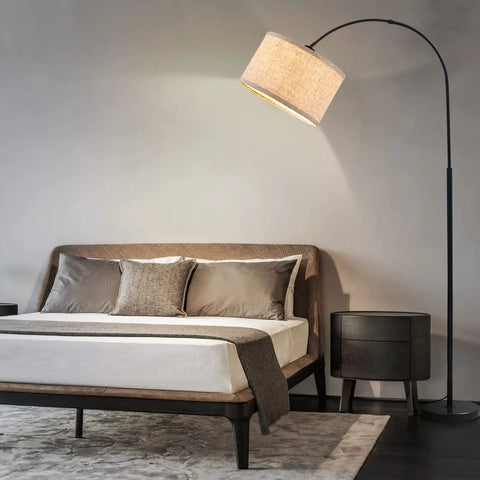 Slick Arc LED Floor Lamp With Marble Base For Living Room Rotatable Hanging Light Adjustable Arc Design Beige Linen Shade Foot Switch Bulb Included Black And Beige next to bed