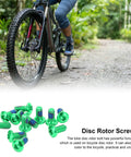 Aluminum Alloy Disc Brake Rotor Bolts 12 Piece Set For Mountain Road And Fixed Gear Bikes Green Screws Lightweight Premium Quality Durable Rotor Retention For Easy Maintenance featuring vibrant green screws with a cyclist in the background