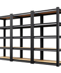 Heavy Duty Garage Shelving Set Three Pack With 1900 Lbs Total Capacity And Boltless Steel Racks in black with multiple tiers.