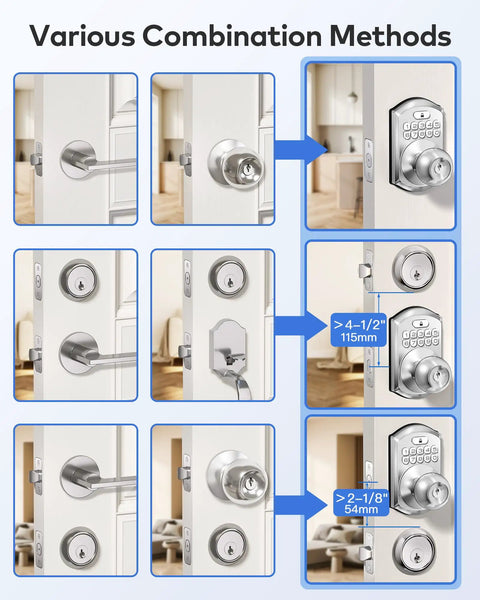 Various combination methods for Satin Nickel Smart Keypad Door Lock With Handle Dropping No Sweat Keyless Entry Security.