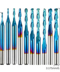 Ten Piece Nano Blue Coated Ball Nose End Mills Set, Two Flute, One Eighth Inch Shank, 0.8mm to 2.5mm Cutting Diameter, CNC Router Bits