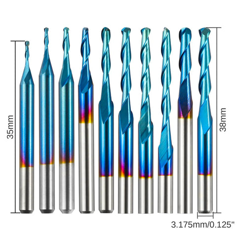Ten Piece Nano Blue Coated Ball Nose End Mills Set, Two Flute, One Eighth Inch Shank, 0.8mm to 2.5mm Cutting Diameter, CNC Router Bits
