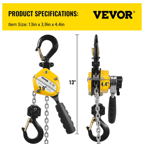 Go To Handheld Mini Lever Chain Hoist Half Ton 10 Foot G80 Alloy Steel Chain Rugged Brake Heavy Duty Lifting Tool dimensions