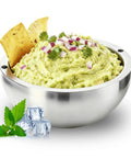 Top Tier 304 Stainless Steel Dip Chiller Bowl 35oz Heavy Duty Water Cooling System with guacamole and chips.