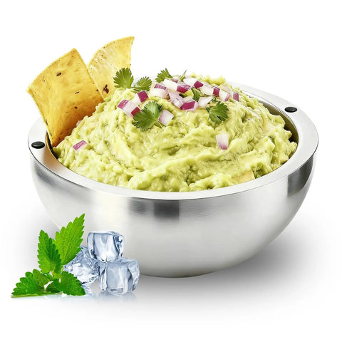 Top Tier 304 Stainless Steel Dip Chiller Bowl 35oz Heavy Duty Water Cooling System with guacamole and chips.