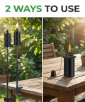 6 Pack Garden Torch With Universal Clamp, 16 Oz Citronella Oil Outdoor Torches, shown clamped to table and tabletop use
