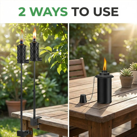 6 Pack Garden Torch With Universal Clamp, 16 Oz Citronella Oil Outdoor Torches, shown clamped to table and tabletop use