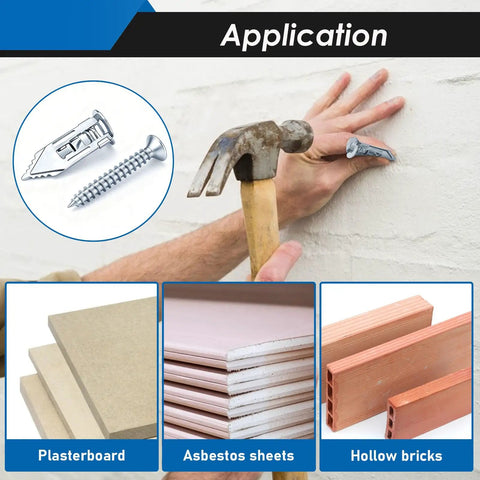 Application of Self Drilling Drywall Anchors And Screws Kit with six size options in silver for sheetrock and hollow walls.