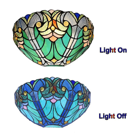 Soft Glow Tiffany Style Wall Sconce In Sea Green Stained Glass With One Light Vintage Victorian Ambience Light On and Off