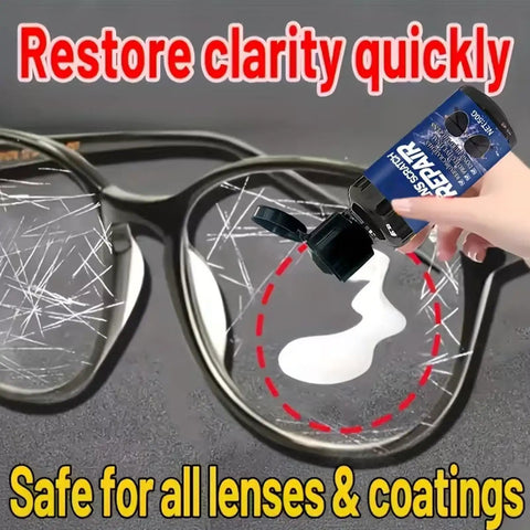 Hand applying Scratch Repair For Sunglasses And Glasses With Dual Action Shield 50g Deep Cleaning Liquid to scratched lenses.