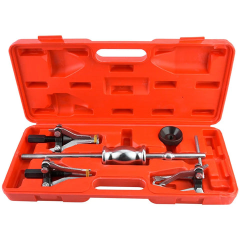 Heavy Duty Carbon Steel Gear Bearing Puller Kit With 1 Point 2 Kilogram Slide Hammer For Toughest Jobs Under The Hood 3 Jaw Setup Grabs Gear And Bearings From Any Side No Messy Tools Needed For Bad Ass Garage Repairs, red case open