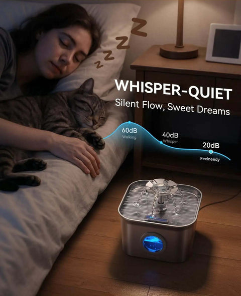 Person sleeping with cat near Quiet Stainless Steel Cat Water Fountain 2.8L With 20dB Ultra Quiet Pump, LED Water Level Window