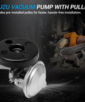 Vacuum pump with pulley for Isuzu NPR/NPR-HD (1995–2020); black pulley on silver housing.