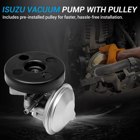 Vacuum pump with pulley for Isuzu NPR/NPR-HD (1995–2020); black pulley on silver housing.