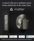 Worlds Smallest Smart Lock With Built In Matter And Bluetooth Hiding Tech Inside Your Door For Sleek Security No Brainer Works With Apple Home Google Home Alexa And SmartThings Satin Nickel Finish Easy iOS And Android App Control in satin nickel finish installed on door close-up.